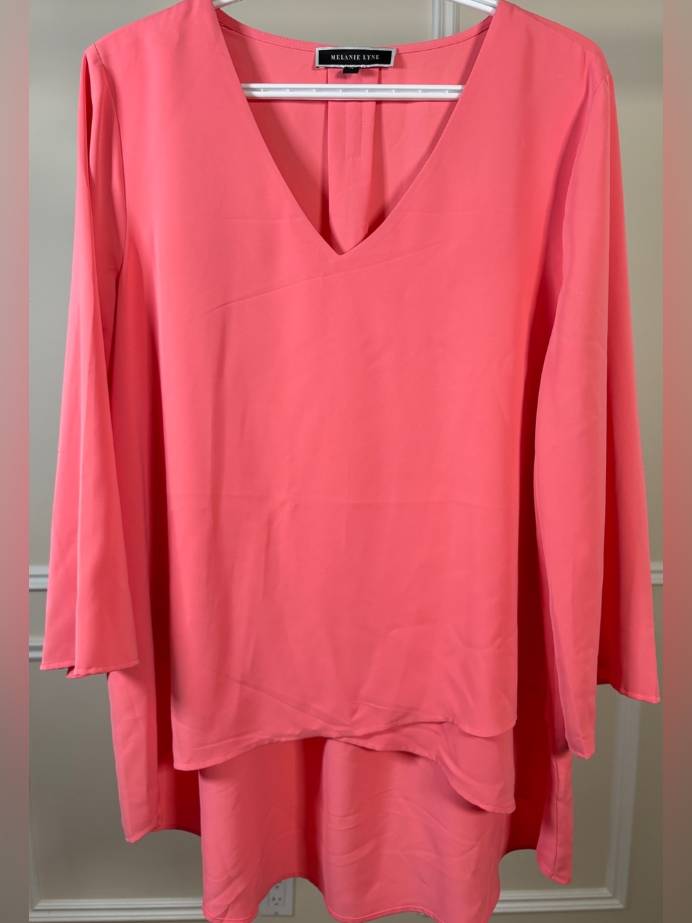 Coral Pink V-Neck Three-Quarter Sleeves Tunic and Layered Hem